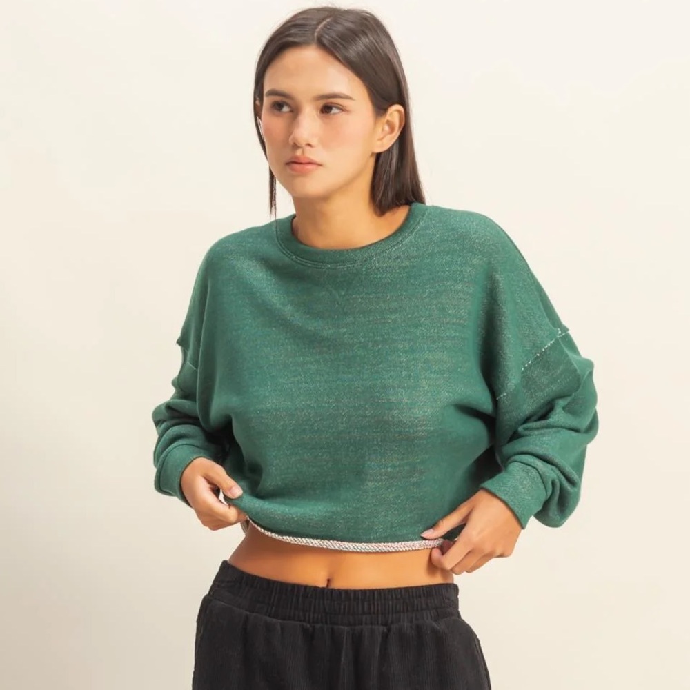 NEW Double Zero Green Cropped Sweatshirt Oversized Crewneck Lounge Top Large